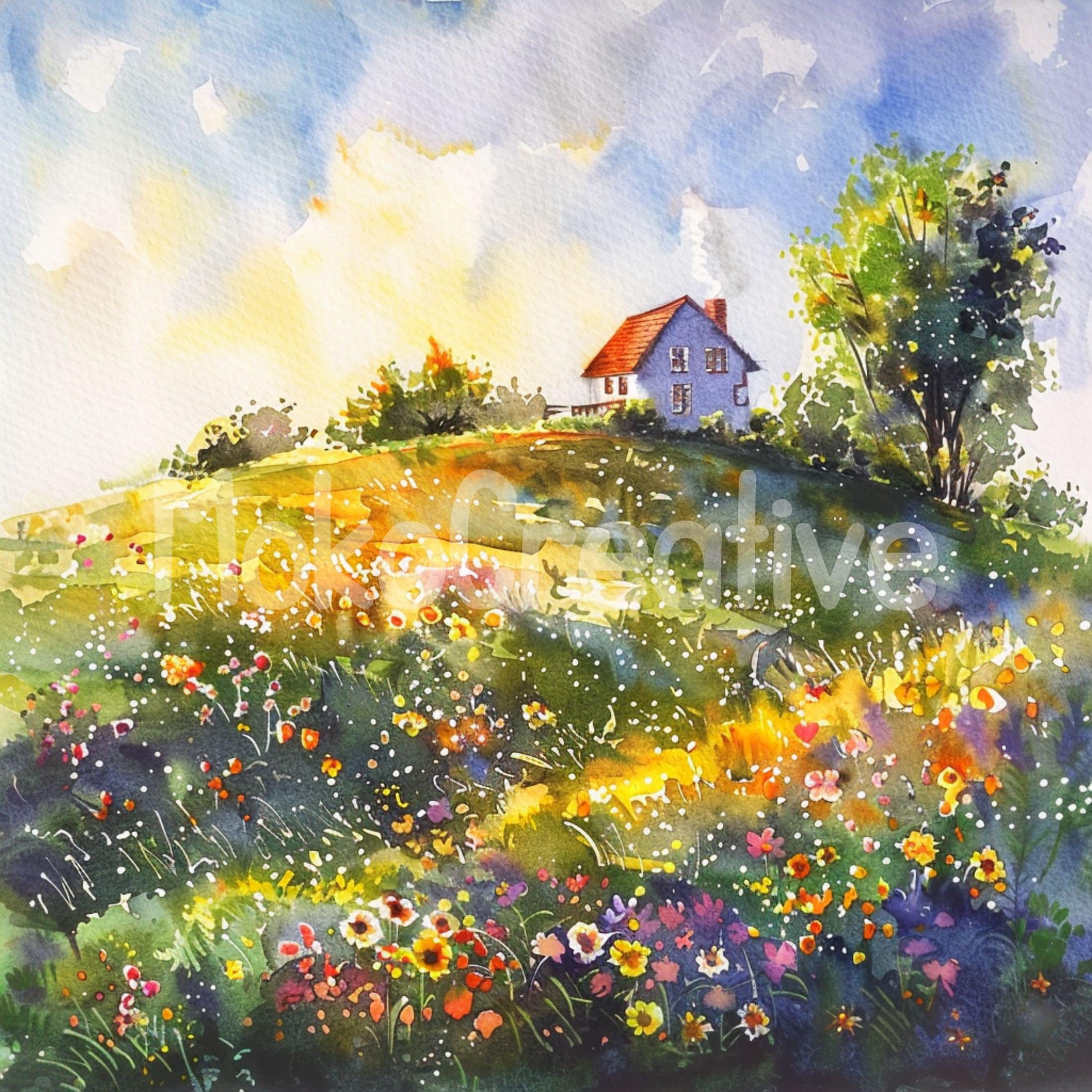水彩画の農家風景画アートプリント：夏の田園風景（デジタル