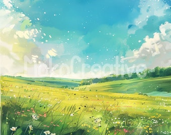 水彩画「野の花の草原」プリント：春の野原アート（デジタル