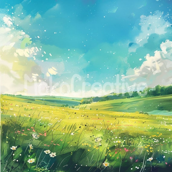 水彩画　野原の春　値段は※900円です 水彩画「野の花の草原」プリント：春の野原アート（デジタル