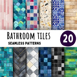 May include: A collection of 20 seamless bathroom tile patterns. The image displays various tile designs, including pink vertical planks, teal fish scales, and blue floral patterns. The text "BATHROOM TILES SEAMLESS PATTERNS" is displayed in black font.