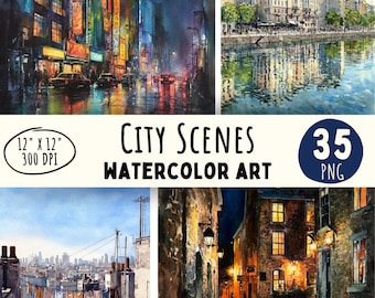 Watercolor Cityscape Clipart PNG: Urban Landscape Art (Instant Download)