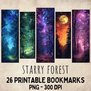 26 marque-pages à imprimer forêt étoilée, nuit de forêt fantastique de haute qualité, fabrication de cartes, impression numérique, utilisation commerciale, téléchargement immédiat