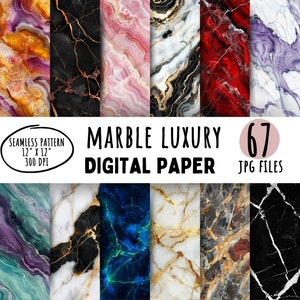 Può includere: Una collezione di design di carta digitale marmorizzata in vari colori, tra cui nero, bianco, rosso e blu, con venature dorate. L'immagine include il testo "MARBLE LUXURY DIGITAL PAPER" e "67 JPG FILES". Ogni motivo senza cuciture misura 30,48 cm x 30,48 cm a 300 DPI.