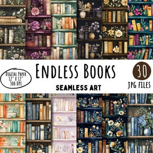 Modèle de 30 livres sans fin, papiers numériques pour bibliothèque florale, modèle sans couture d'étagère aquarelle, numérique, usage commercial, téléchargement immédiat