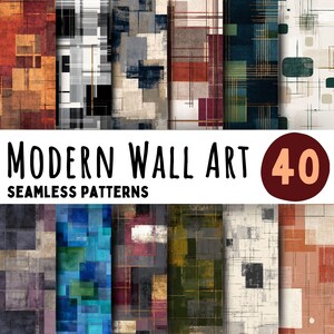 May include: A collection of 40 seamless modern wall art patterns. The patterns feature abstract designs with geometric shapes and a variety of colors, including red, blue, green, and gray. The text "MODERN WALL ART" and "SEAMLESS PATTERNS" are displayed.