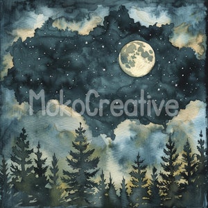 16 diseños de luna brillante nocturna de alta calidad, paisaje forestal en acuarela, diseño PNG, creación de tarjetas, impresión digital, uso comercial, descarga instantánea