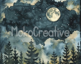 Watercolor Moonlit Forest Landscape: 16 Night Sky Designs (Digital Print)