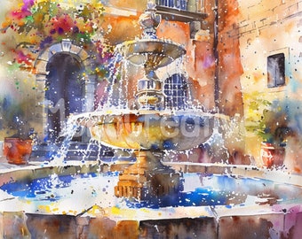 Watercolor Fountain Art Print: Summer City Design (digital