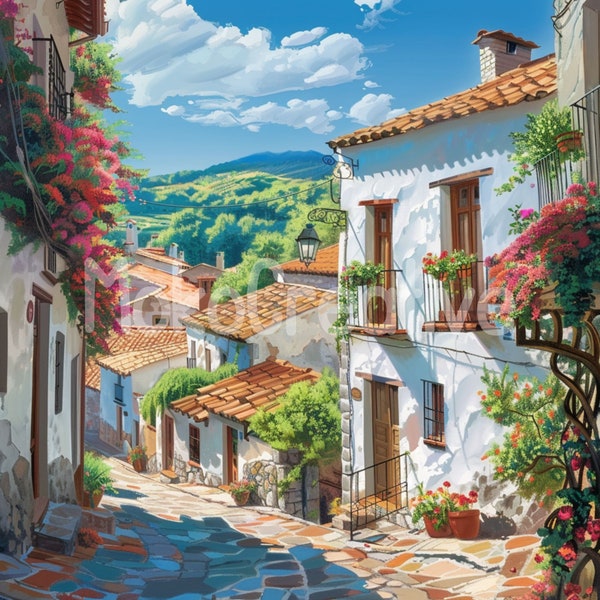 16 dessins de villages espagnols de haute qualité, art mural aquarelle ville estivale, fabrication de cartes de bateaux, impression numérique, usage commercial, téléchargement immédiat