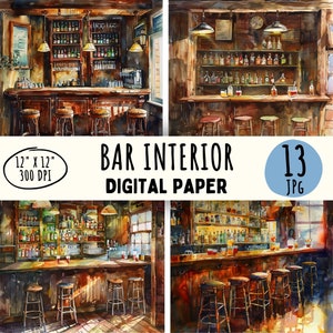 13 hoogwaardige barinterieurontwerpen JPG, aquarel Amerikaanse pub muurkunst, alcoholbar, kaarten maken, commercieel gebruik, direct downloaden