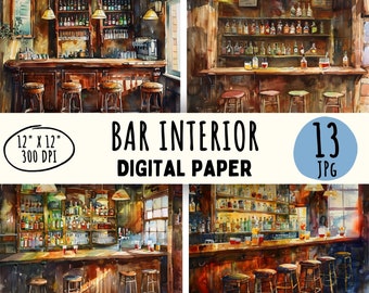 Aquarel barinterieurontwerpen: Amerikaanse pub muurkunst (digitale download)