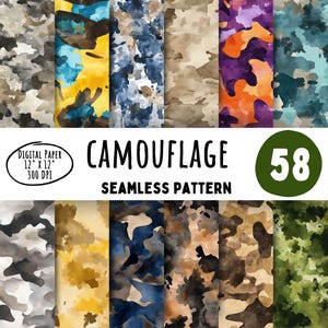 Puede incluir: Un conjunto de 8 patrones de papel digital con diferentes diseños de camuflaje en estilo acuarela. Los patrones son sin costuras y vienen en varios colores, incluyendo azul, verde, marrón, amarillo y morado. El texto "CAMOUFLAGE" y "PATRÓN SIN COSTURAS" se muestra en el centro de la imagen. El número "58" se muestra en un círculo verde en la esquina superior derecha de la imagen.
