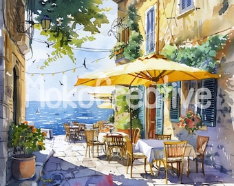 Aquarelkunstafdrukken Italiaans café: zomerontwerpen Italië (digitale download)