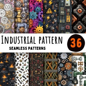 Puede incluir: Una colección de 36 patrones industriales sin costuras. La imagen muestra varios diseños con engranajes, tuberías, pernos y componentes eléctricos en tonos marrones, grises y metálicos. El texto "INDUSTRIAL PATTERN" y "SEAMLESS PATTERNS" también es visible.