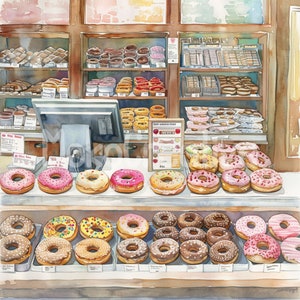 10 modèles de boutique de donuts de haute qualité, art mural aquarelle pâtisserie, fabrication de cartes de donuts, impression numérique, utilisation commerciale, téléchargement immédiat