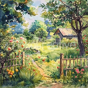 Op de afbeelding: Een aquarel schilderij van een landelijk tafereel met een klein houten huis, een hek en een pad dat door een weelderige groene tuin loopt. Er zijn twee kippen op de voorgrond, en de lucht is zachtblauw met witte wolken.