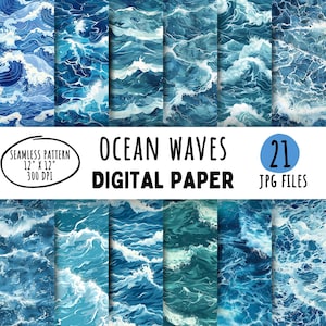 21 papeles digitales de olas del océano, patrón de mar agitado sin costuras, paquete de papel digital de olas de agua, arte azul, uso comercial, descarga instantánea