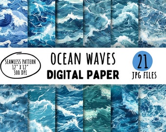 Ocean Waves Digital Paper: Seamless Blue Seas Pattern (Digital Download)