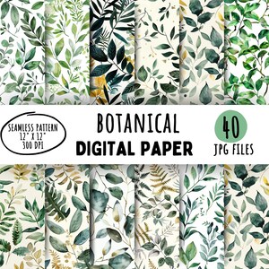 40 papéis digitais botânicos, padrão de folhas verdes sem costura, aquarela, sálvia, verde, folha de ouro, uso comercial, download instantâneo