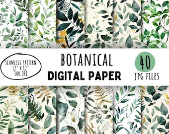 Watercolor Botanical Digital Paper: Greenery Leaves, Sage Green & Gold (Instant Download)