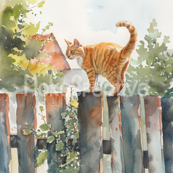 水彩画「フェンスの上の猫」アートプリント：夏の庭のデザイン