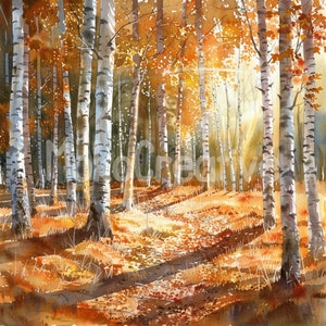 Può includere: Un dipinto ad acquerello di una foresta di betulle in autunno. Gli alberi sono bianchi con segni neri e le foglie sono un mix di giallo, arancione e marrone. Il sole splende attraverso gli alberi, creando un bagliore caldo.
