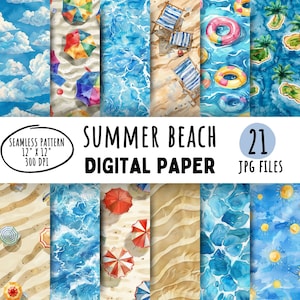 Puede incluir: 21 diseños de papel digital con ilustraciones de acuarela sobre temas de playa de verano. Los diseños incluyen sombrillas de playa, conchas marinas, palmeras, sillas de playa y salvavidas. Los diseños están en tonos de azul, verde, amarillo y marrón.