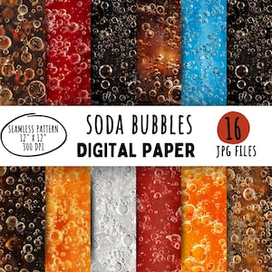 Peut inclure: Pack de papiers numériques avec 16 fichiers JPG présentant des motifs de bulles de soda dans diverses couleurs et textures. Le texte indique "Soda Bubbles Digital Paper". Chaque motif sans couture mesure 30,48 cm x 30,48 cm à 300 DPI.