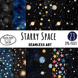 May include: A set of 23 digital paper designs featuring a starry night sky with planets, stars, and a watercolor effect. The designs are seamless and perfect for creating backgrounds, patterns, and other creative projects.