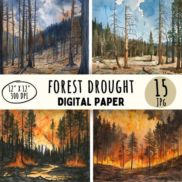 15 High Quality Forest Drought Designs, Watercolor Pine Trees, Forest Fire, Dead Trees Landscape, Craft Commercial Use Instant Download