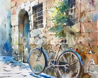 水彩画：自転車と風景 2006年作 楽天市場】石塀小路 ( 自転車 路地 石畳 ノスタルジック 八坂 京都