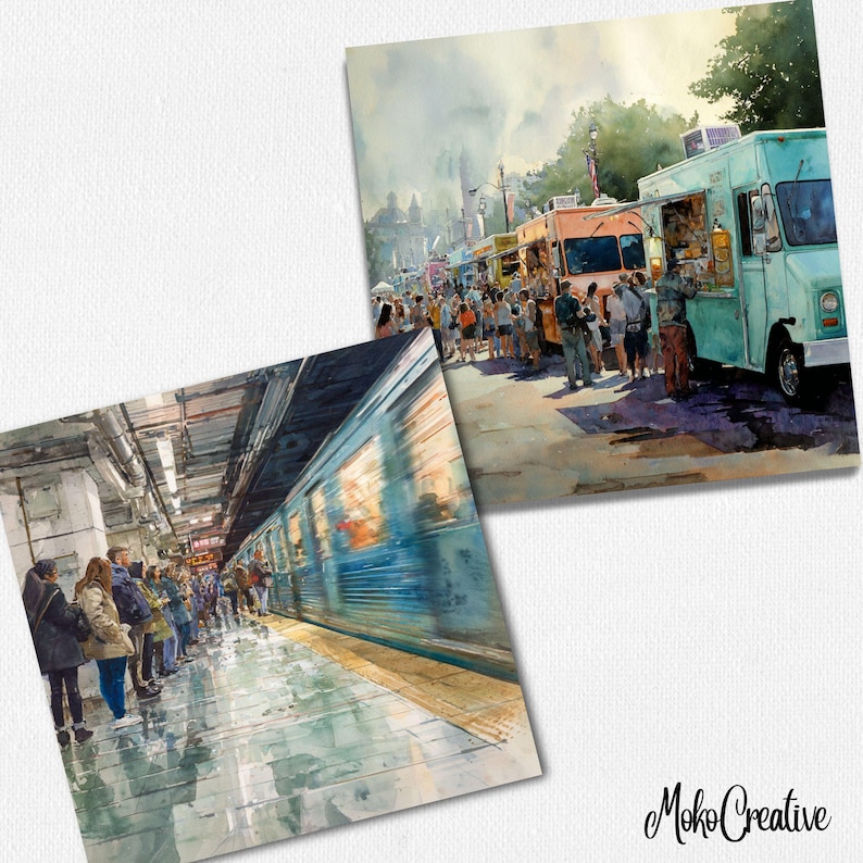 Op de afbeelding: Twee aquarelprints die stedelijke sc&egrave;nes uitbeelden. E&eacute;n toont een bruisend foodtruckfestival met kleurrijke trucks en drukte. De andere toont een metrostation met een rijdende trein en wachtende passagiers. Beide prints hebben een zachte, artistieke stijl.