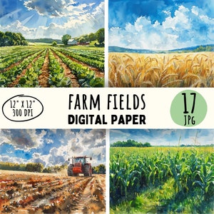 17 disegni di campi agricoli di alta qualità, fattoria estiva ad acquerello, trattore che ara, campi di mais, raccolto, artigianato per uso commerciale, download immediato