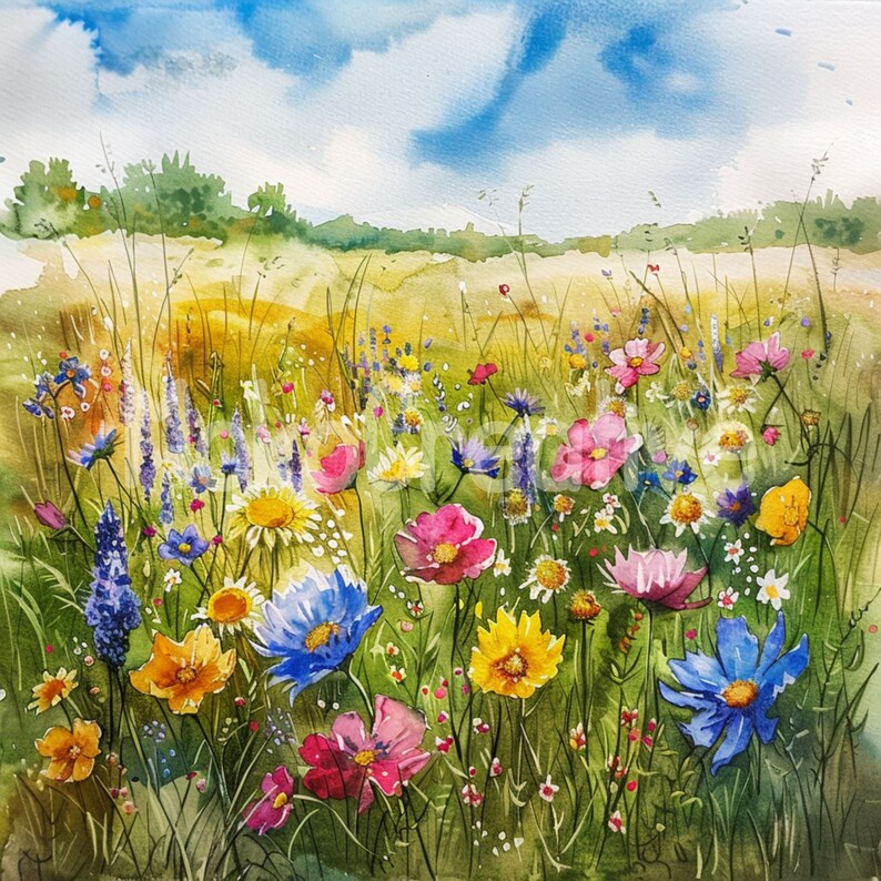 Watercolor Wildflower Field Art: Summer Floral Print (digital Download ...