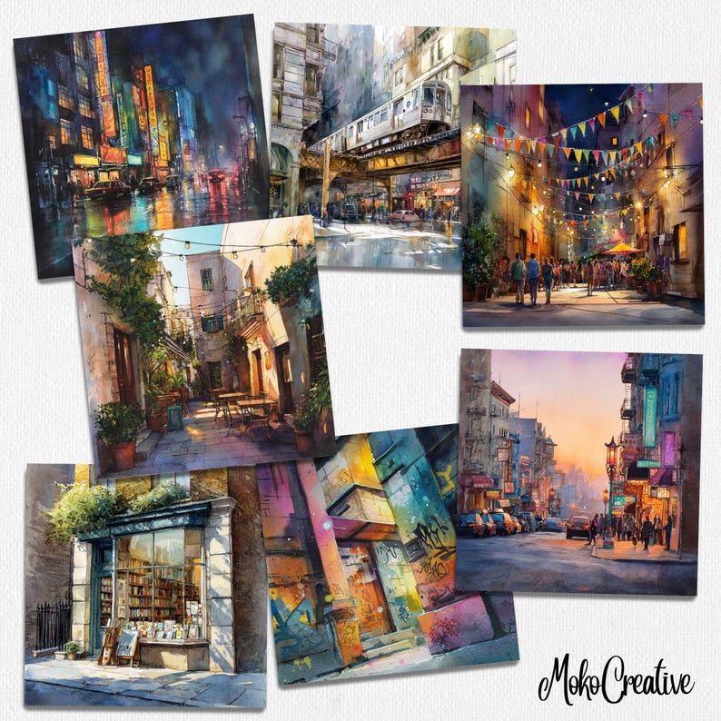 Op de afbeelding: Een verzameling aquarelprints met stedelijke sc&egrave;nes. De afbeeldingen tonen stadsgezichten met levendige kleuren, waaronder een nachtzicht van verlichte wolkenkrabbers en een charmante boekwinkel.