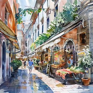 12 hochwertige Europäische Stadt Straßen Designs JPG, Aquarell Sommer, Wandkunst, Kartenherstellung, Digitaldruck, kommerzielle Nutzung, Sofort Download