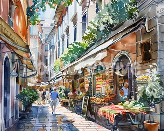 Aquarelkunst Europese stad: zomermarktscène (digitale print)