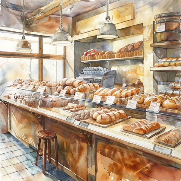 13 High Quality Old Bakery Designs, Watercolor Pastry Shop, Bread, Wall Art, Card Making, Digital Print, Commercial Use Instant Download