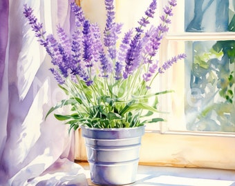 Lavender by Window Watercolor Art Print: Floral Card Making (Digital Download)