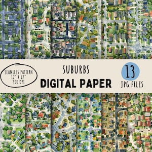 13 Vororte Digitale Papiere, Sommer Stadt Musterdesign Hintergrund, Aquarell Digital Papier Pack, kommerzielle Nutzung, Sofort Download