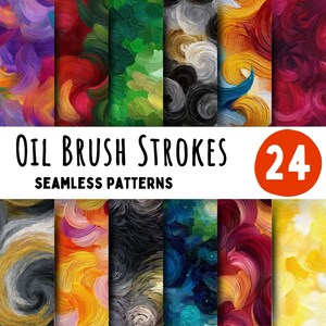 Puede incluir: Una colección de 24 patrones sin costuras con pinceladas de óleo en varios colores, incluyendo morado, rojo, verde, amarillo y azul. Se muestra el texto "Oil Brush Strokes" y "Seamless Patterns", junto con el número "24" en un círculo rojo.