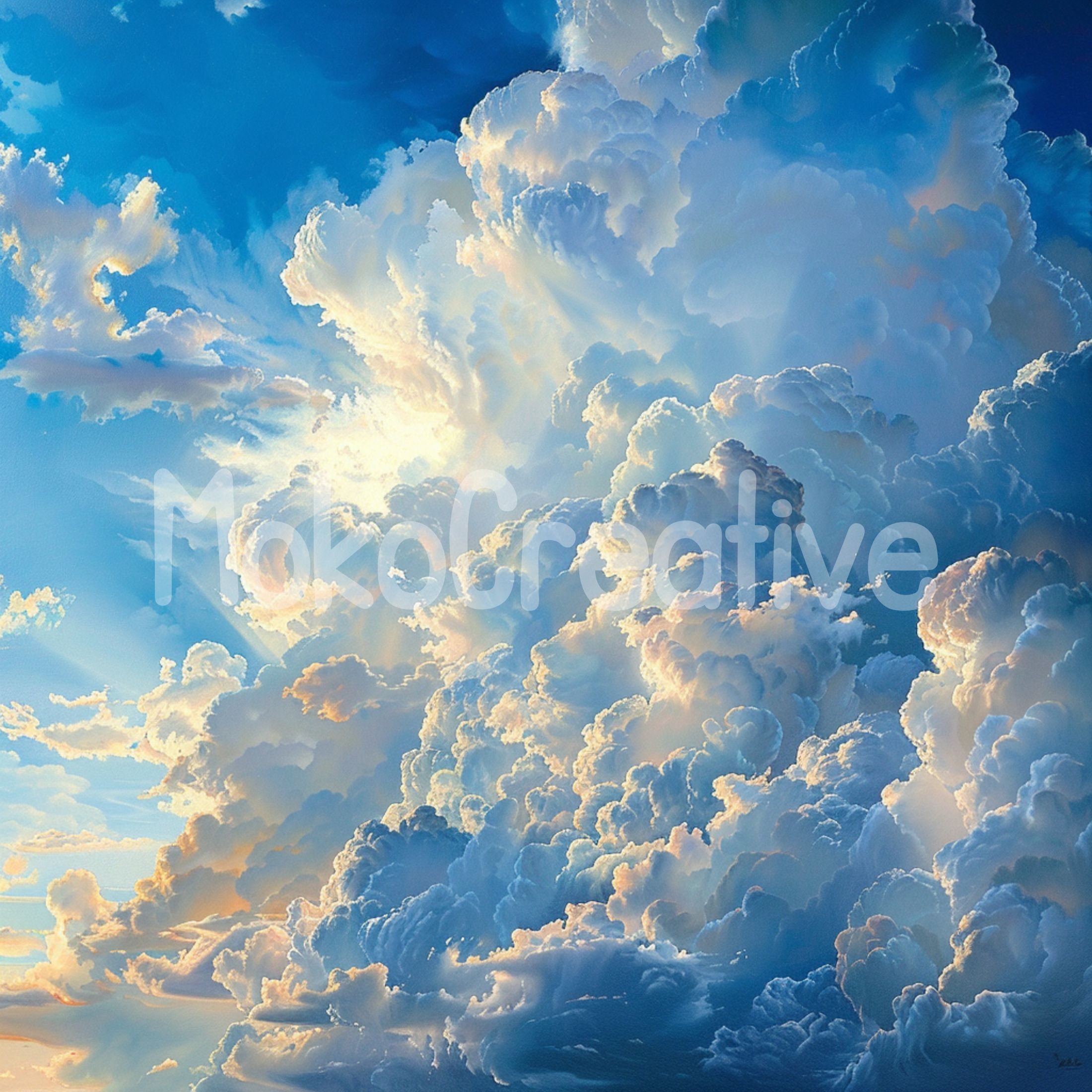 油絵　太陽と雲 夏の雲の油絵：雄大な雲の壁アート（デジタルダウンロード） - Etsy 日本