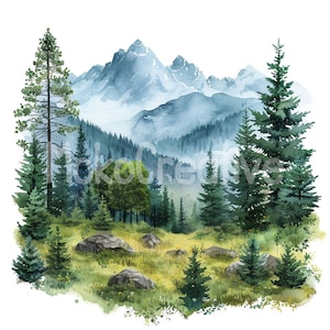 20 hochwertige Berg Designs, Aquarell Nationalpark Wandkunst, Kiefernwald Kartenherstellung, Digitaldruck, kommerzielle Nutzung Sofort-Download