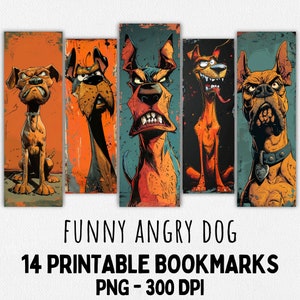 14 divertidos marcapáginas imprimibles de perros enojados, acuarela de alta calidad con ladridos peculiares de cachorro, creación de tarjetas con caricaturas, impresión digital, descarga instantánea