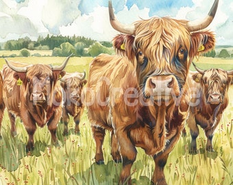 Highland Cow Watercolor Art Prints: Summer Farm Designs (Digital Download)