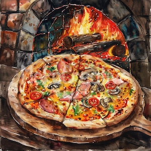 13 hoge kwaliteit pizza ontwerp JPG, aquarel restaurant stenen oven eten kunst aan de muur, kaarten maken, prenten, commercieel gebruik, Instant Download