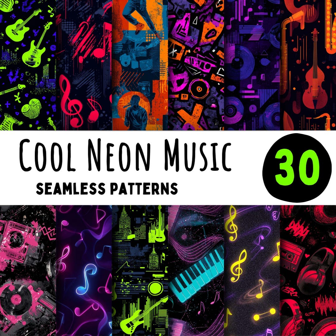 Song Paper Pattern Neon Music Digital Paper: Seamless Instrument Patterns (commercial Use ...