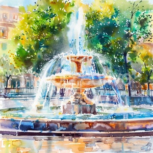 絵画 water fountain Watercolor Fountain Art Print: Summer City Design (digital
