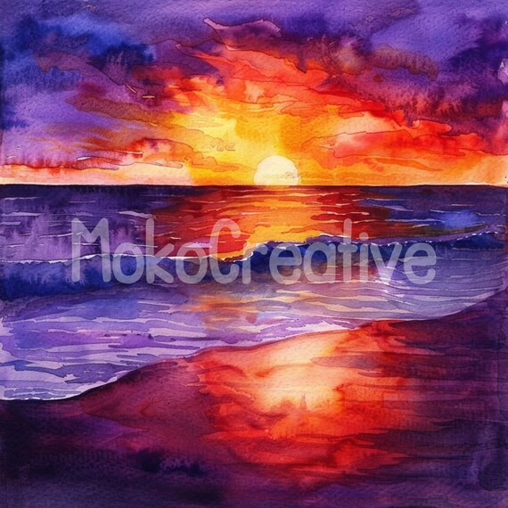 海の夕日の水彩画アートプリント：紫の夜明け デジタルダウンロード