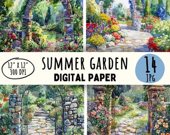 May include: Watercolor digital paper set featuring four garden scenes. Each scene depicts a stone archway or gate, lush with flowers and greenery. The text reads "Summer Garden Digital Paper" and "12" x 12" 300 DPI".